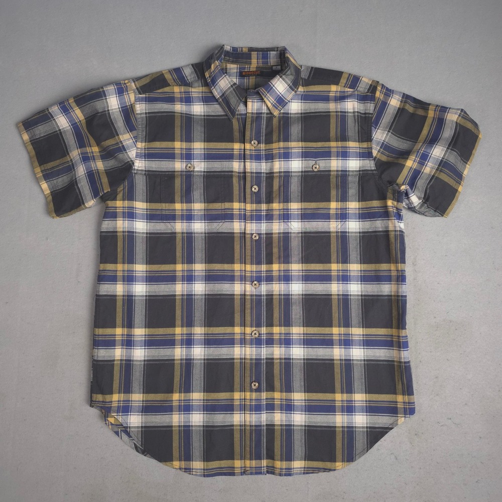 RIDGECUT Tough Wear Mens L Plaid Short Sleeve Button Up Shirt Blue Yellow Black